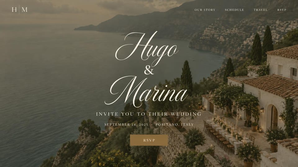 Wedding website design, coastal destination wedding in script: a cliffside village above the sea at golden hour, ivory script names and a muted gold RSVP button