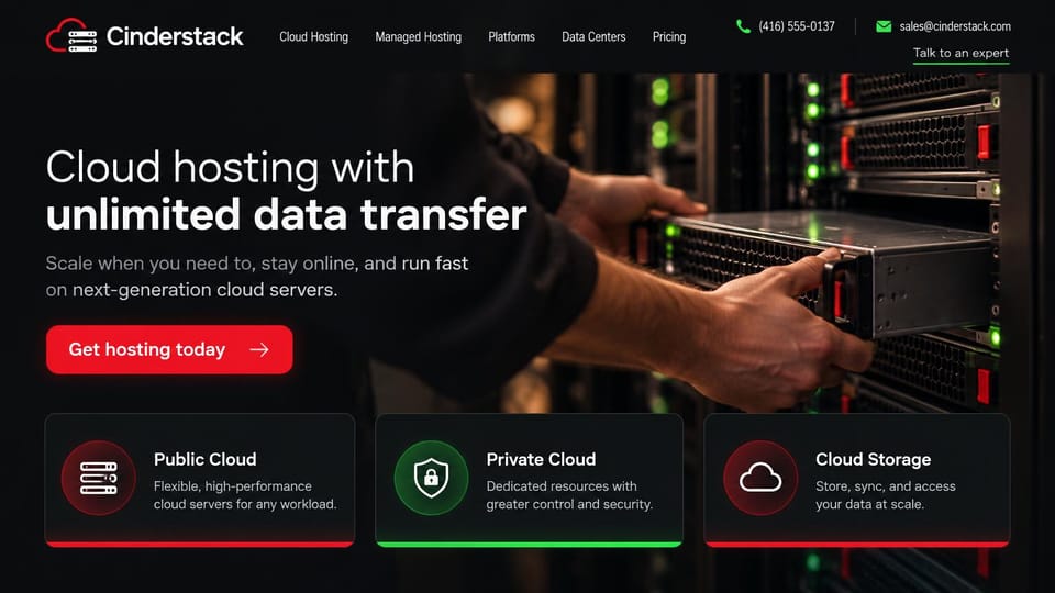 Web hosting website design, cloud hosting in black and red: black page with red accents, white headline, a red button, a close photo of hands pulling a server from a rack, three dark product cards