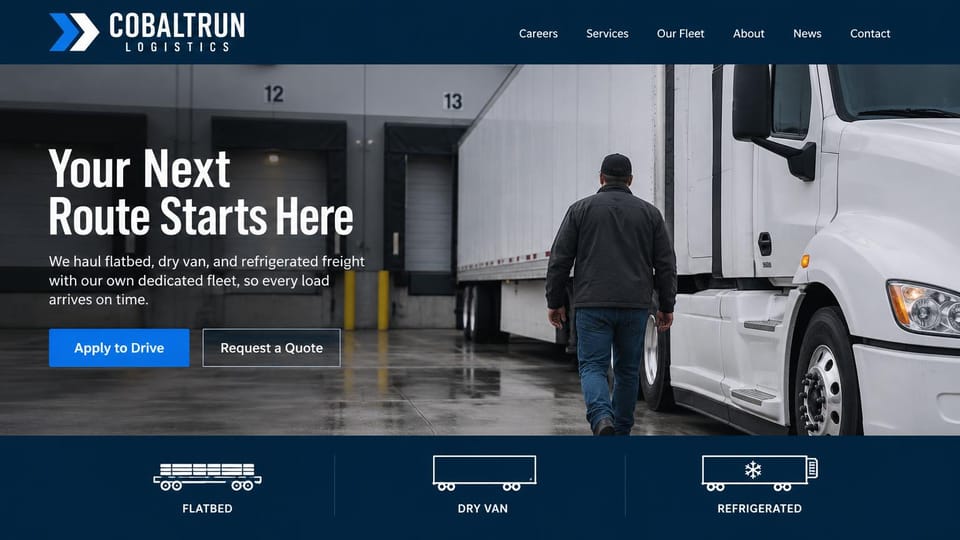 Logistics website design, driver recruiting with a trailer types band: navy page, a rainy dock photo of a driver walking past a white cab, condensed white headline, blue apply button, a navy band of flatbed, dry van and reefer icons