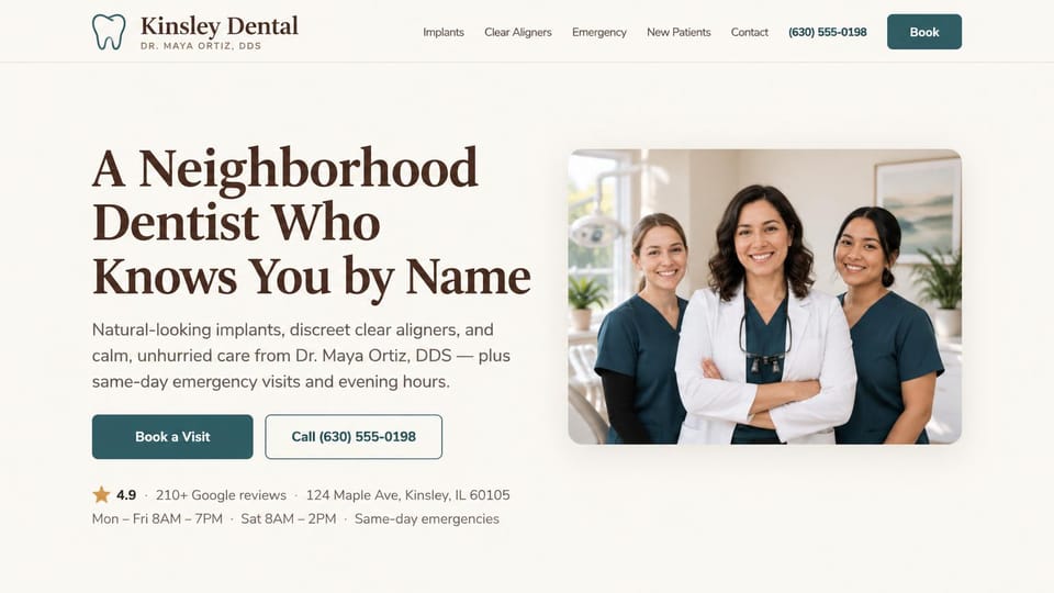 Dental website design, neighborhood dentist who knows you by name: warm off-white, a large brown serif headline beside a photo of a dentist with two assistants