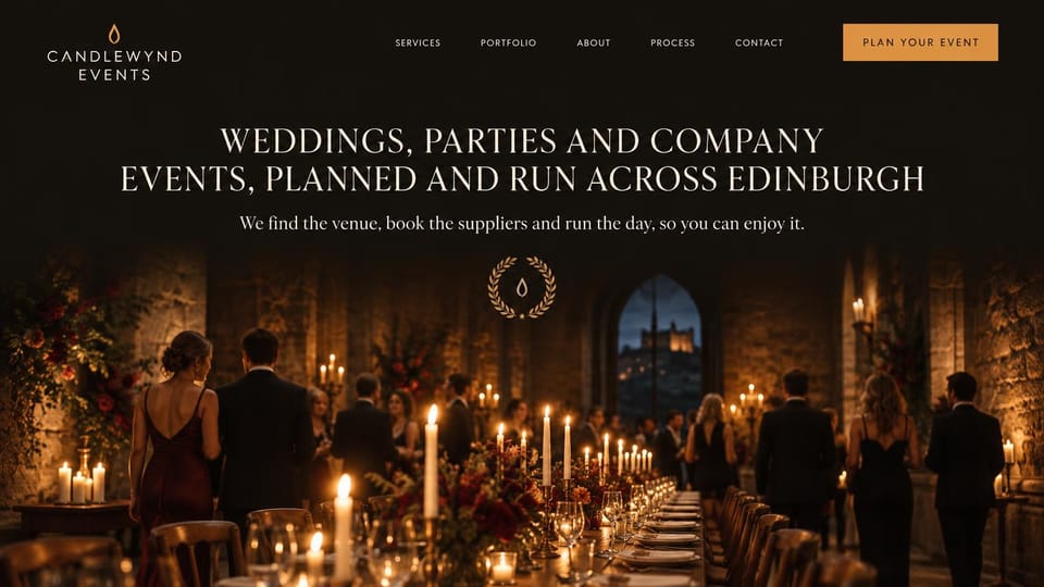 Event planner website design, city event planner with a castle-view banquet: black page, centered cream headline in capitals, candlelit banquet hall with a castle through an arched window, amber button