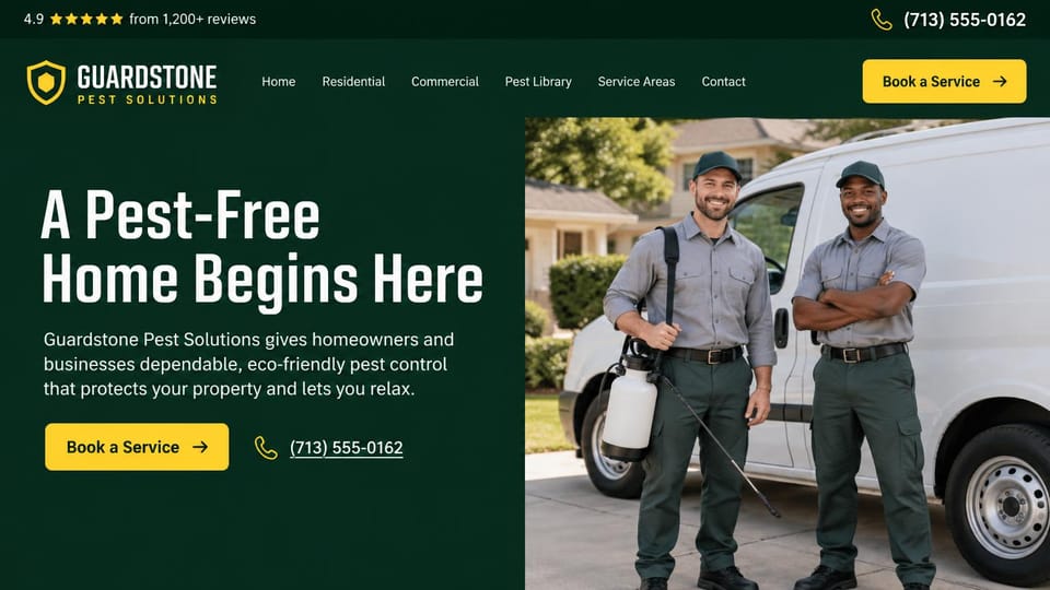 Pest control website design, eco-friendly pest control with the crew by the van: dark forest green page, a condensed white headline, yellow booking buttons, two smiling technicians in gray work shirts and green caps beside a white van