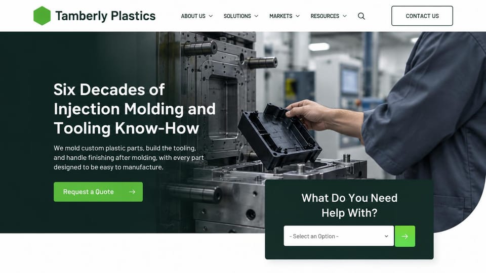 Manufacturing website design, injection molding and tooling with a help menu: white header with a green hexagon logo, a deep green overlay on a photo of a hand lifting a black molded part from an open mold, a green quote button and a dark green help menu card