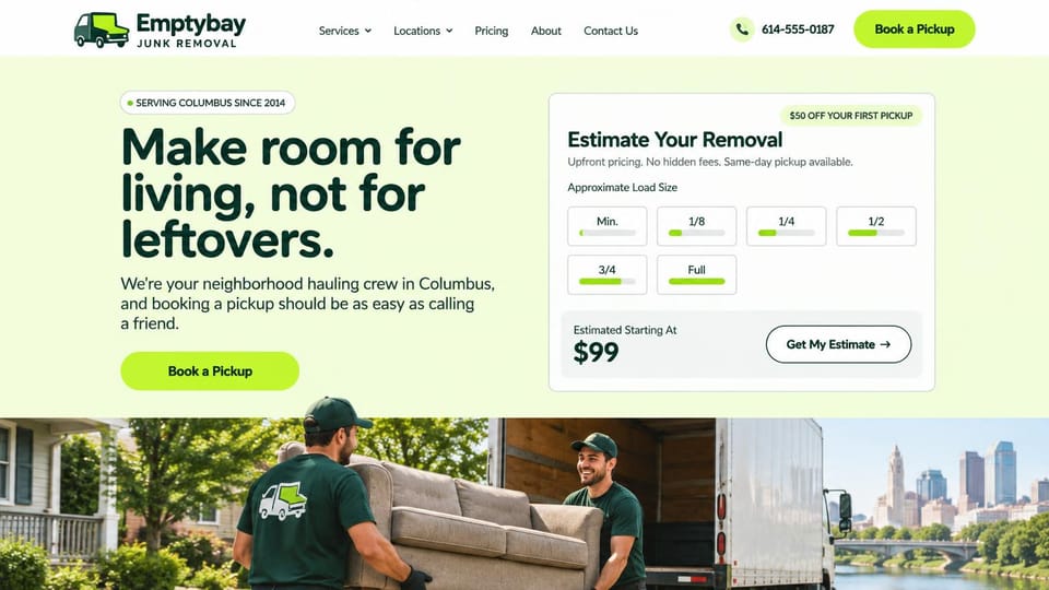 Junk removal website design, load-size estimator in fresh lime: pale lime page, a dark green headline, a white load-size estimator card, a photo strip of two crew members carrying a sofa to a truck