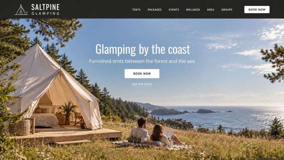 Hotel website design, coastal glamping with tents in view: a white canvas tent on a grassy bluff above the sea, condensed white headline and a white button