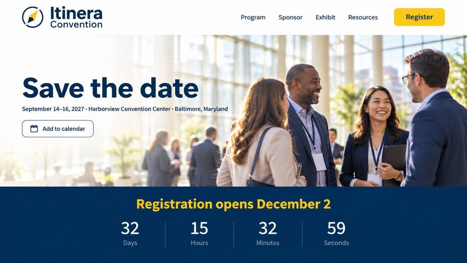Event website design, convention save-the-date with a countdown: white header, navy save-the-date headline over a bright photo of attendees talking in a glass atrium, navy countdown band