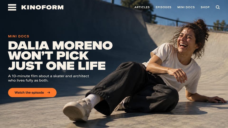 News and magazine website design, film and video magazine with a full-screen episode lead: full-screen photo of a woman laughing on a skatepark ramp, white extended capitals with an orange label and an orange watch button over a dark shadow