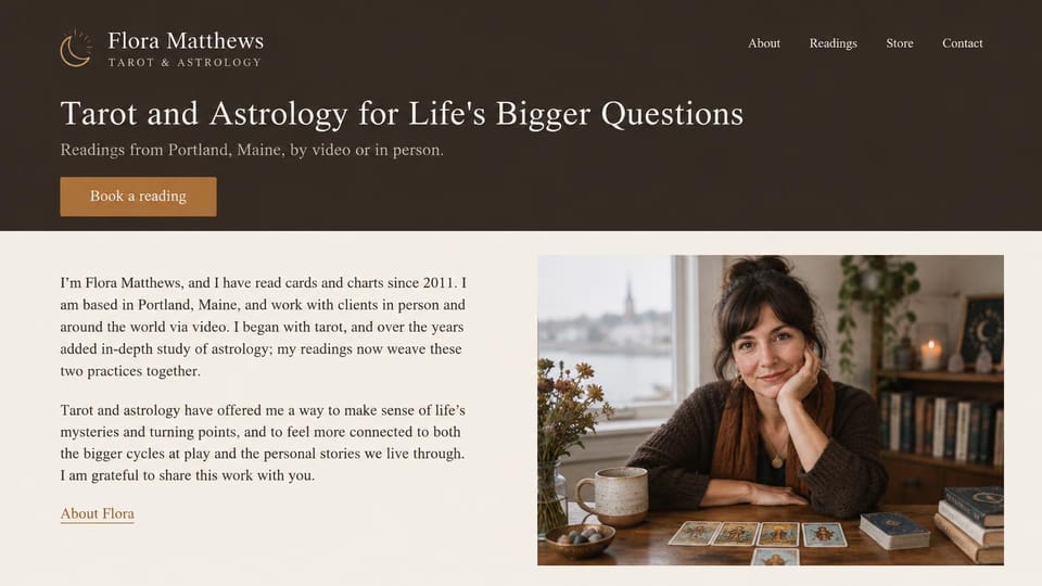 Astrology website design, tarot and astrology with a personal letter: dark brown band with a cream serif headline and copper button above a first-person introduction and a reader's portrait