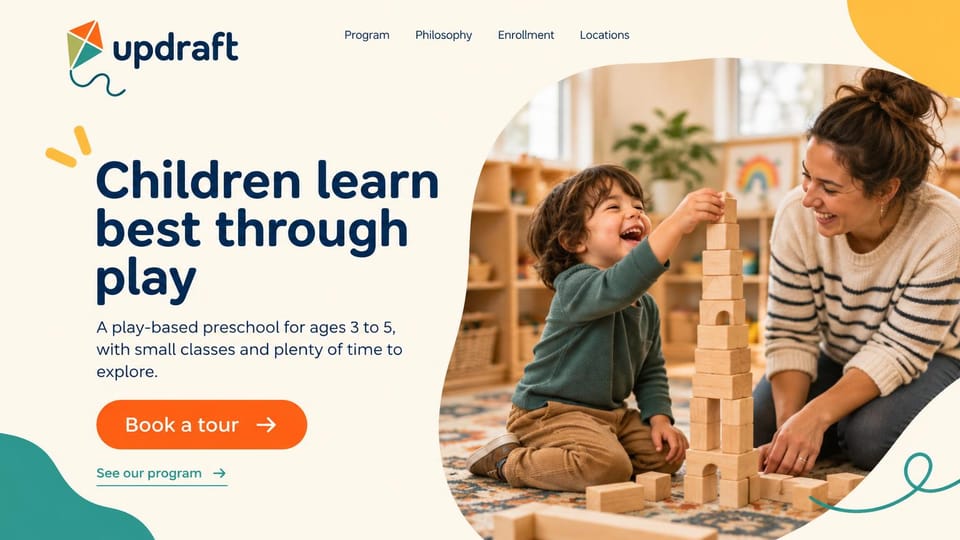 Daycare website design, play-based preschool with big type and playful shapes: cream page, large navy headline, orange tour button, a curved photo of a laughing boy building a block tower with a teacher