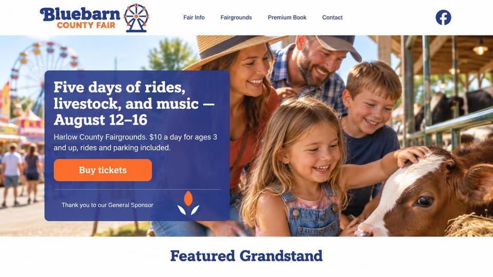 Event website design, county fair with a family meeting a calf: white header with a ferris wheel logo, sunny photo of a family laughing as a girl pets a calf, a blue card with a white headline, an orange ticket button and a sponsor mark