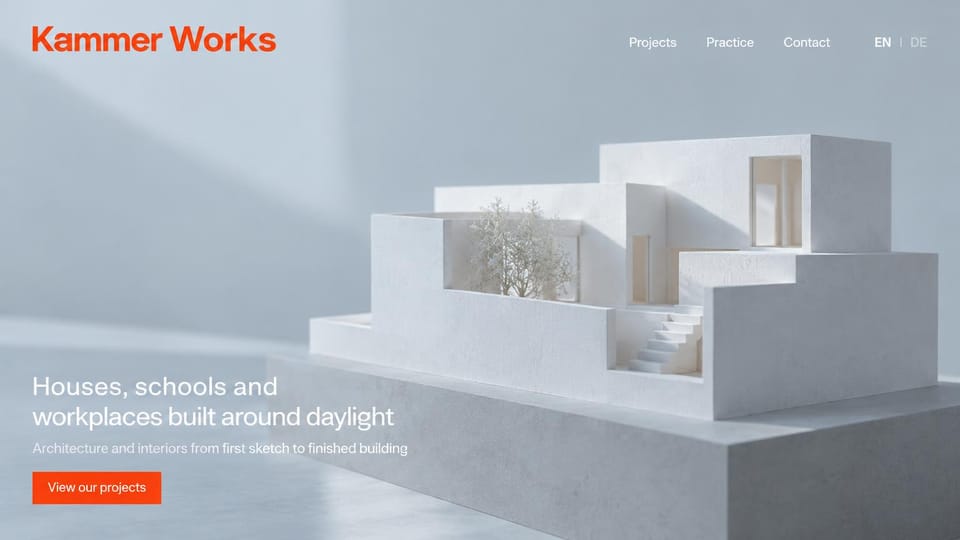 Architecture website design, houses, schools and workplaces with a study model: pale blue-gray page, a white architectural model in soft daylight, an orange wordmark and button, a white headline at lower left
