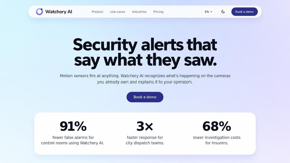 AI startup website design, camera alert AI with a calm gradient and stats panel: pale blue-to-lavender gradient, a white rounded nav bar, a big black centered headline, navy demo buttons and a white panel with three large stats