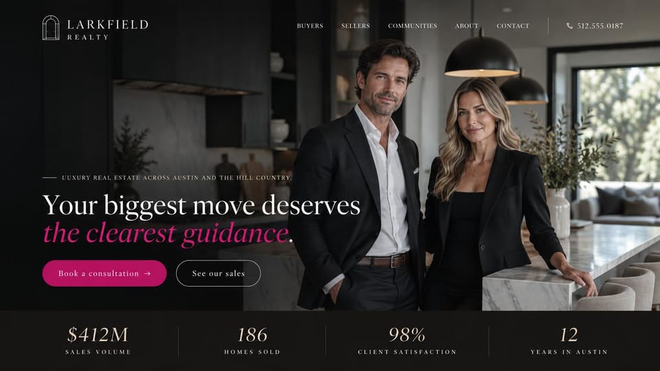 Real estate website design, agent duo with sales numbers up front: black and magenta, two agents in a dark kitchen beside a serif headline and a row of four figures