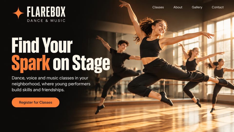 Dance studio website design, performing arts school with dance, voice and music: dark brown and black page, a condensed white and orange headline, a warm photo of teens leaping across a studio, an orange register button
