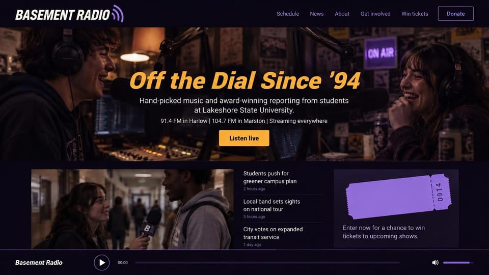 Radio station website design, college radio with a player always on screen: dark purple, two students laughing at studio microphones, amber italic headline and button, a news list, a ticket card and a bottom player bar