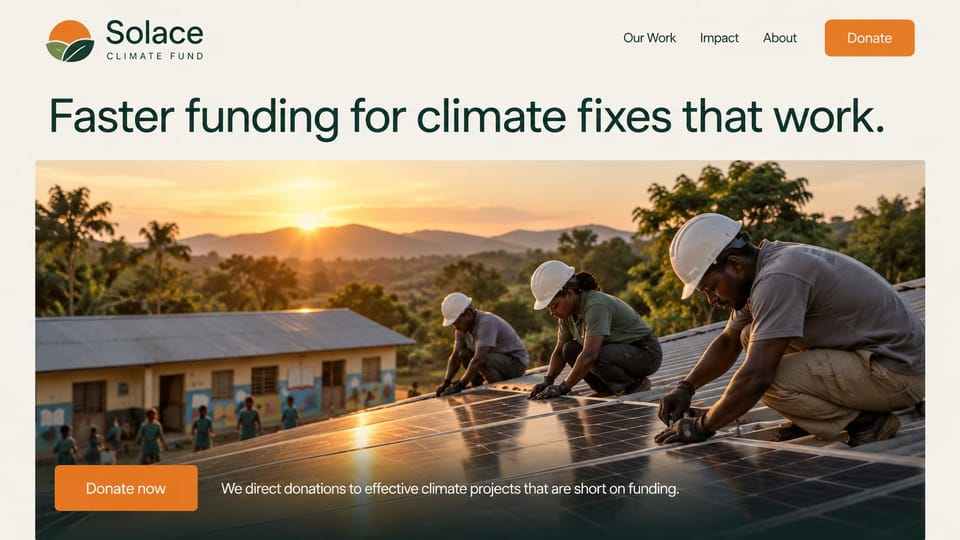 Nonprofit website design, climate fund, plain and editorial: cream page, a long headline above a wide photo of workers installing solar panels at sunset