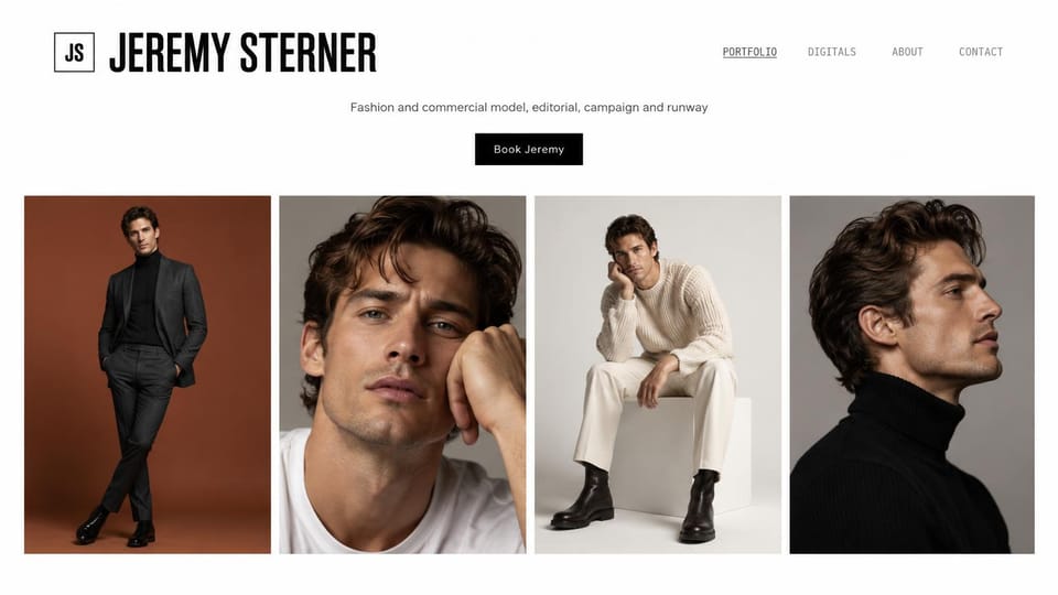 Model portfolio website design, male model with a condensed name and four looks: white page, a tall black condensed name with a monogram box, a black button and four photos of a man