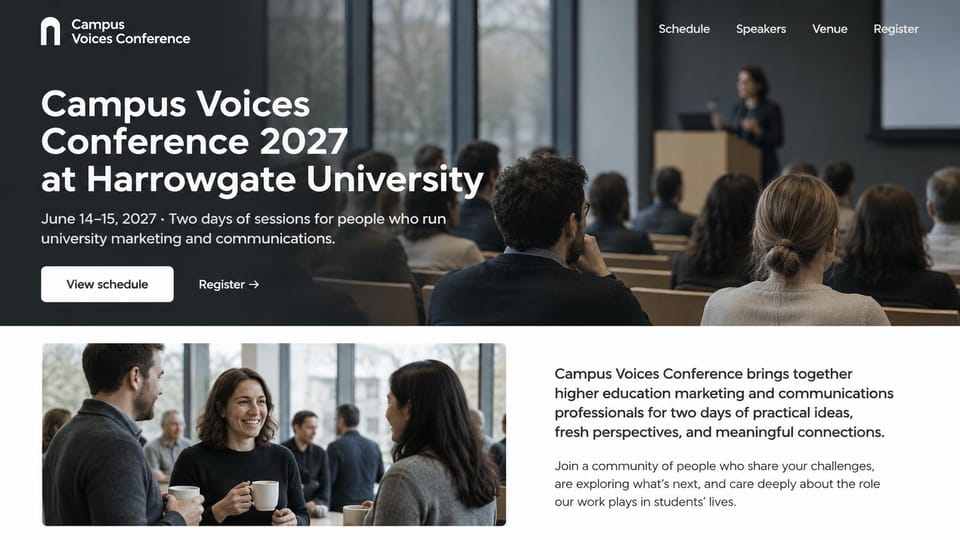 Event website design, university conference for campus teams: dark photo of a lecture hall audience facing a speaker, white headline, white schedule button, a coffee break photo and welcome text below