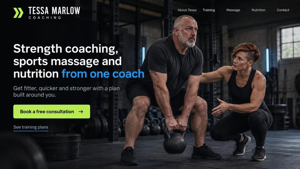 Personal trainer website design, strength, sports massage and nutrition from one coach: dark industrial gym photo of a short-haired woman coaching a bald, bearded man through a kettlebell deadlift, a white and blue headline, a lime consultation button