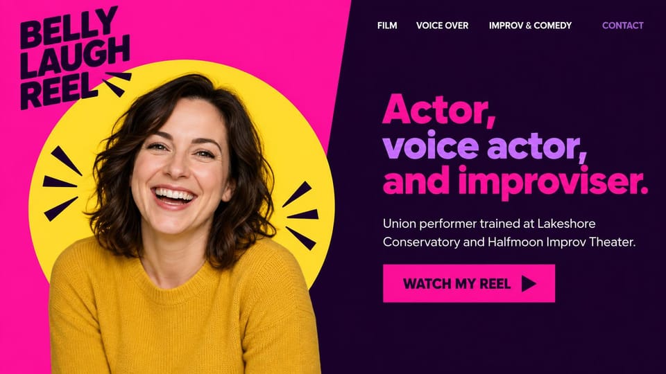 Actor website design, improviser and voice actor on a hot pink split: hot pink and dark purple split, a laughing woman in a yellow sweater on a yellow circle with burst lines, a bold pink and lilac headline and a pink reel button