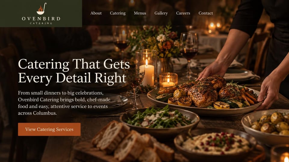 Catering website design, dinner and party catering with a green logo panel: dark candlelit dinner table with a roast chicken platter, salads and bread, a dark green logo panel, cream serif headline, a burnt orange button