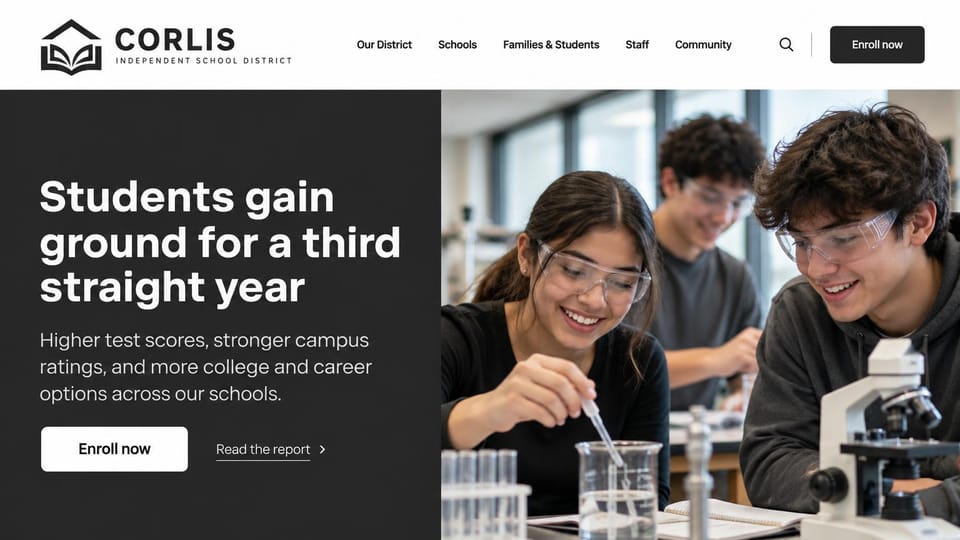 School website design, school district that leads with its yearly results: white header with a black house and book logo, a charcoal panel with a bold white headline, students in safety goggles at a lab bench