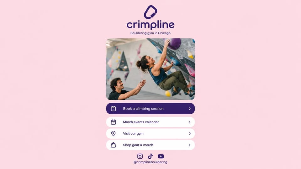 Fitness website design, climbing gym link page: light pink page, a purple logo above a bouldering photo and a stack of link buttons
