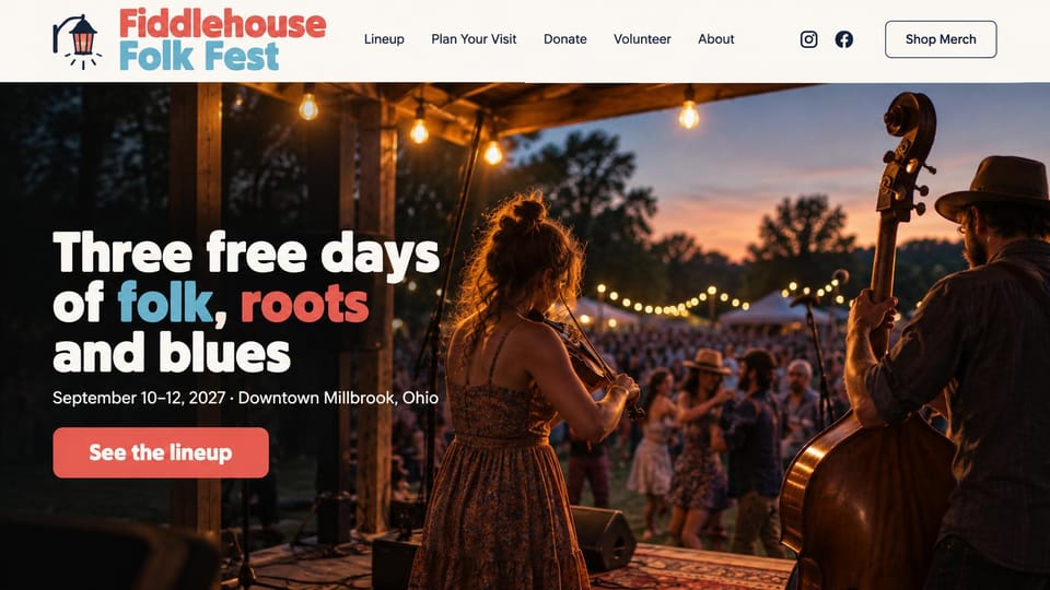 Event website design, free folk and blues festival with a merch shop: cream header with a lantern logo in coral and blue, sunset photo of a fiddler and upright bass player on a stage before a dancing crowd, a white, blue and coral headline and a coral lineup button