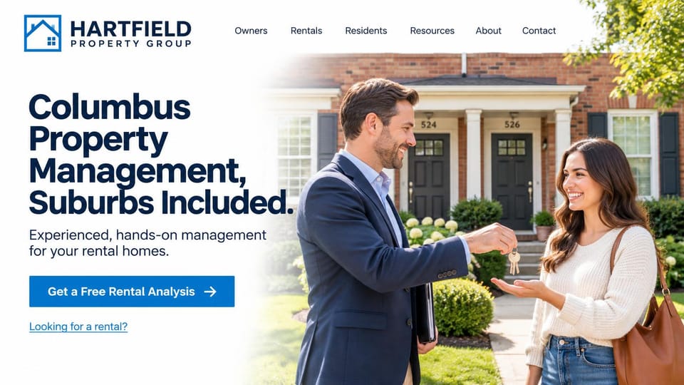 Property management website design, rental homes with the city and suburbs in the headline: white page, a blue house logo, a heavy navy headline, a blue analysis button and a manager handing keys to a woman outside brick townhomes