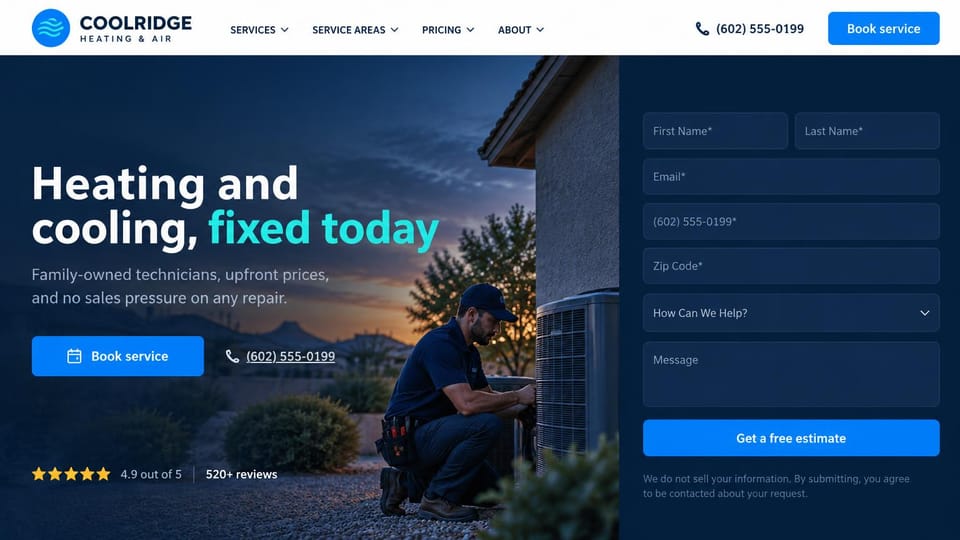 Contractor website design, heating and cooling with the form beside the hero: navy dusk photo of a technician at an AC unit, a white and cyan headline and a blue estimate form