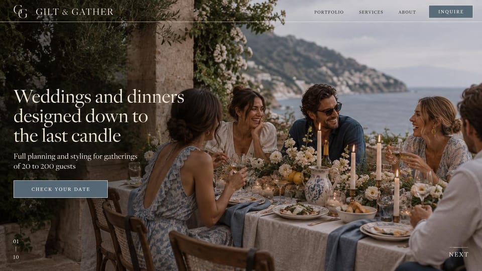 Event planner website design, dinner party planner on a cliffside terrace: photo of friends laughing at a candlelit dinner on a cliff above the sea, white serif headline, slate blue date button