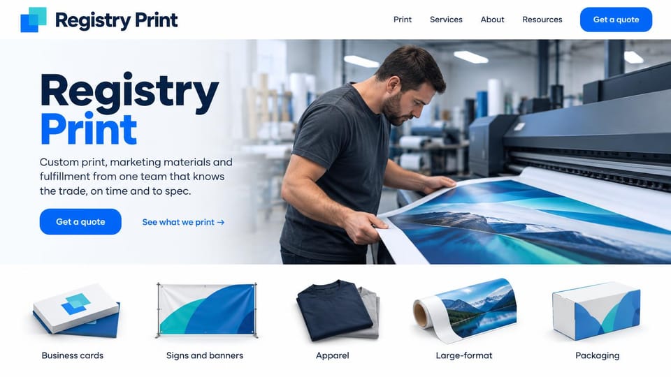 Printing website design, commercial printer with its name as the headline: white page with a blue square mark, a navy and blue name headline, a blue quote button, an operator pulling a lake print from a large-format printer, five product pictures below