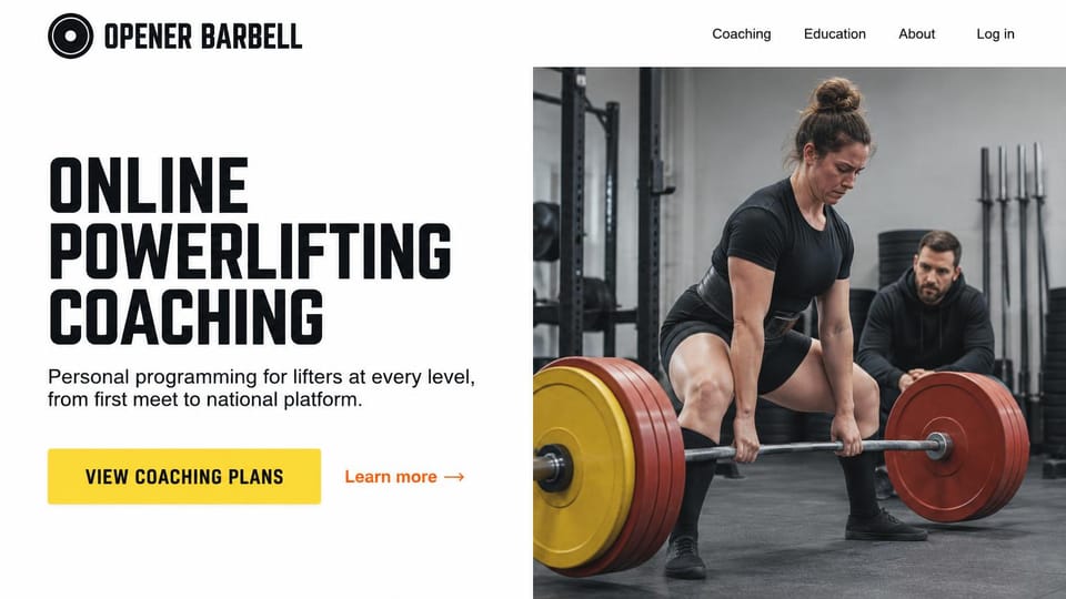 Personal trainer website design, online powerlifting coaching in heavy black type: white page, a huge black condensed capitals headline, a yellow coaching plans button and an orange link, a woman deadlifting red and yellow plates while a coach watches