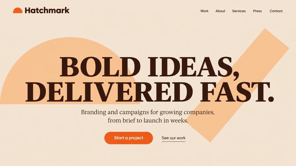 Agency website design, branding and campaigns in peach: peach page with orange shapes, a large dark brown serif headline and an orange button