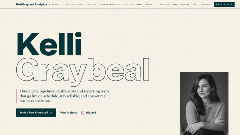 Resume website design, freelance data analyst with an outlined surname: cream grid page, a huge dark teal name with the surname in outline, a dark teal book a call button and a black and white portrait of a woman with crossed arms