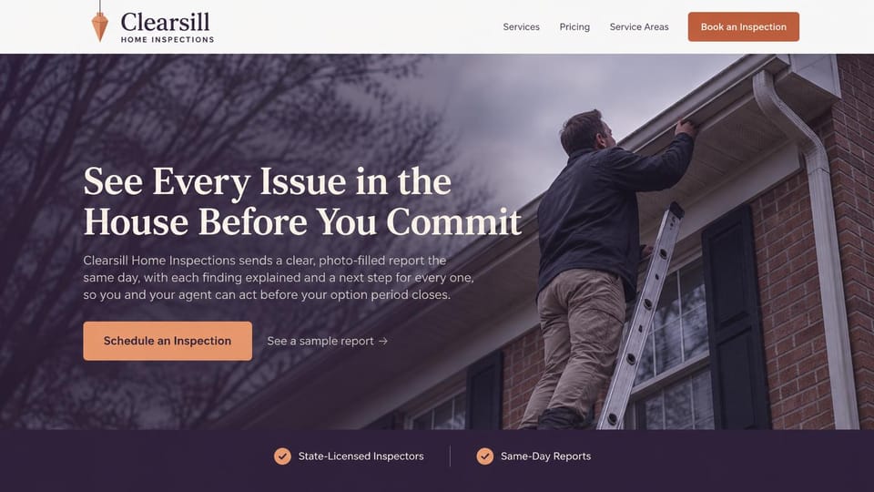 Home inspector website design, buyer-focused inspections in plum and coral: plum overlay on an inspector on a ladder at a gutter, cream serif headline, a coral schedule button, a plum strip of checks