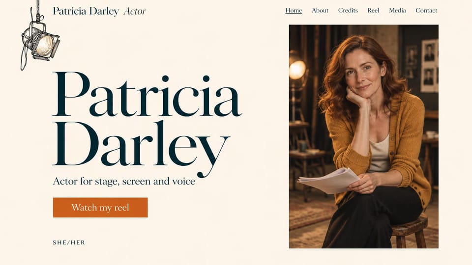 Actor website design, theater and screen actor, warm and editorial: cream page, a huge deep teal serif name, a rust reel button, a sketched stage light and a red-haired woman holding a script in a warm rehearsal room