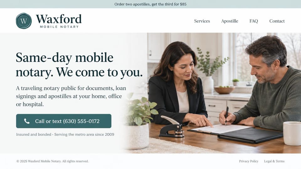 Notary website design, same-day mobile notary with a wax-seal logo: white and pale gray page, a dark teal wax seal logo, a dark serif headline, a teal call button and a notary with a client at a kitchen table