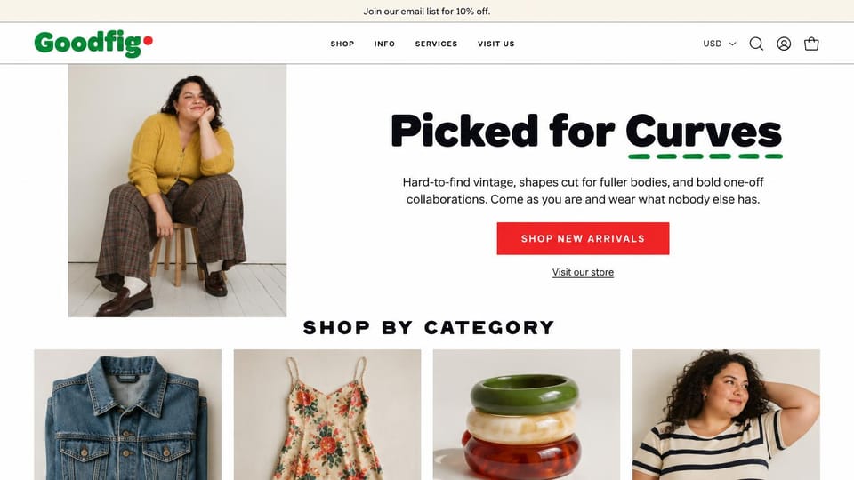 Fashion website design, plus-size vintage with a bold underlined headline: white page with a green logo and red dot, a curvy woman in a mustard cardigan and plaid trousers on a stool, a heavy black headline with a green dashed underline, a red button and four category photos of a denim jacket, a floral dress, bangles and a striped tee