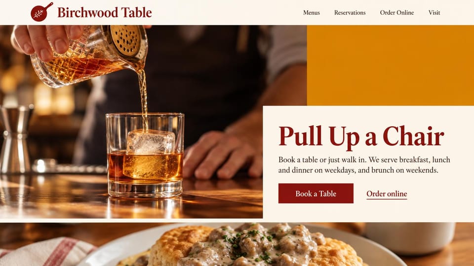 Restaurant website design, all-day restaurant with a split hero: cream and deep red, a whiskey pour beside a cream panel with a red headline and booking button