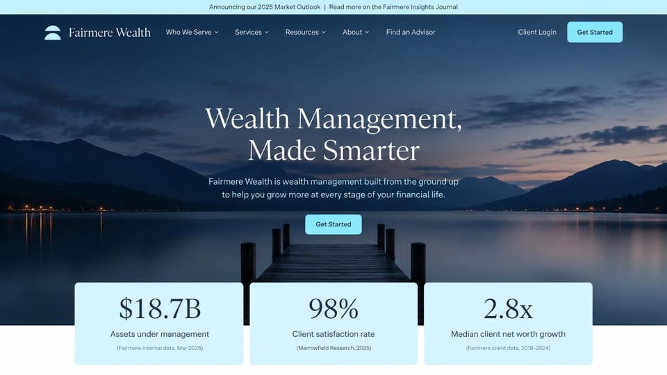Financial advisor website design, wealth management with stat cards over a dusk dock: light blue bar over a dusk lake with a dock, centered white serif headline, light blue button and three light blue stat cards