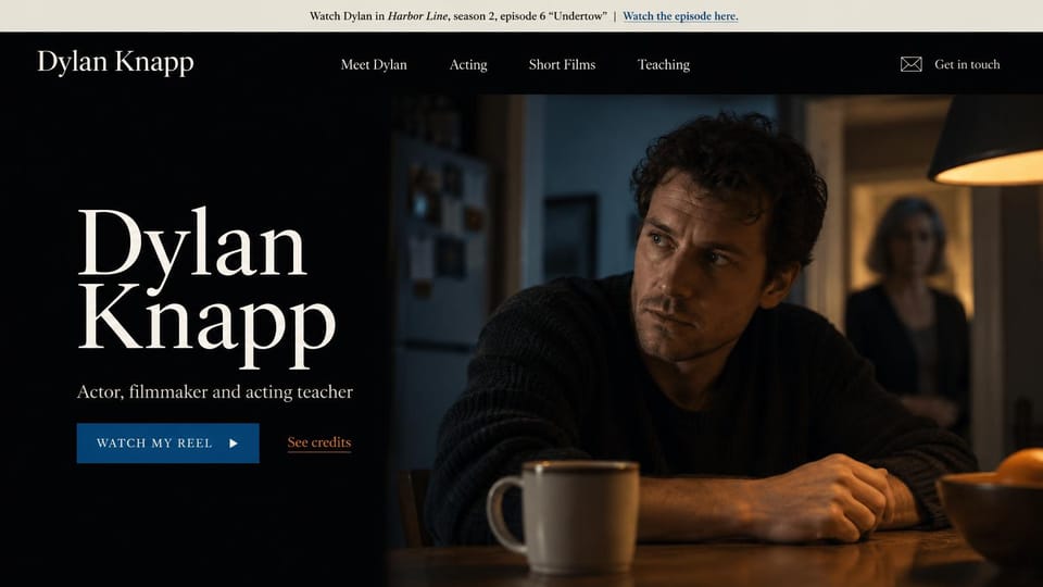 Actor website design, actor, filmmaker and teacher with an episode banner: cream banner over a dark film still of a man at a kitchen table with a mug, a large white serif name, a blue reel button and a credits link