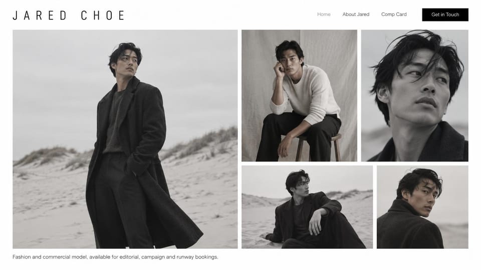 Model portfolio website design, male model with a black and white dune shoot: white page, spaced black capitals, a black button and five black and white photos of a dark-haired man in a long coat on sand dunes and a stool