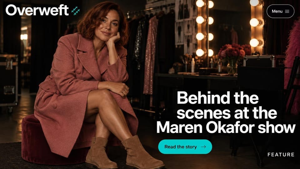 News and magazine website design, fashion magazine with a backstage cover feature: dark backstage photo of a woman in a rose wool coat on a velvet stool, mirror lights and clothing rails behind, white wordmark with a teal stitch mark, large white headline and teal button