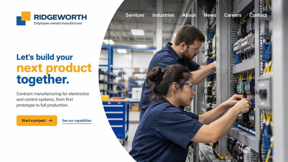 Manufacturing website design, contract electronics with a friendly start: white page, a blue and gold logo, a blue, gold and navy headline, a curved photo of two technicians wiring a control panel and a gold button