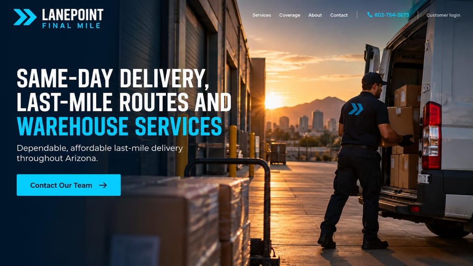 Logistics website design, last-mile delivery and warehousing at sunset: navy shading over a sunset photo of a driver loading a van beside a warehouse, white and cyan condensed headline, cyan contact button