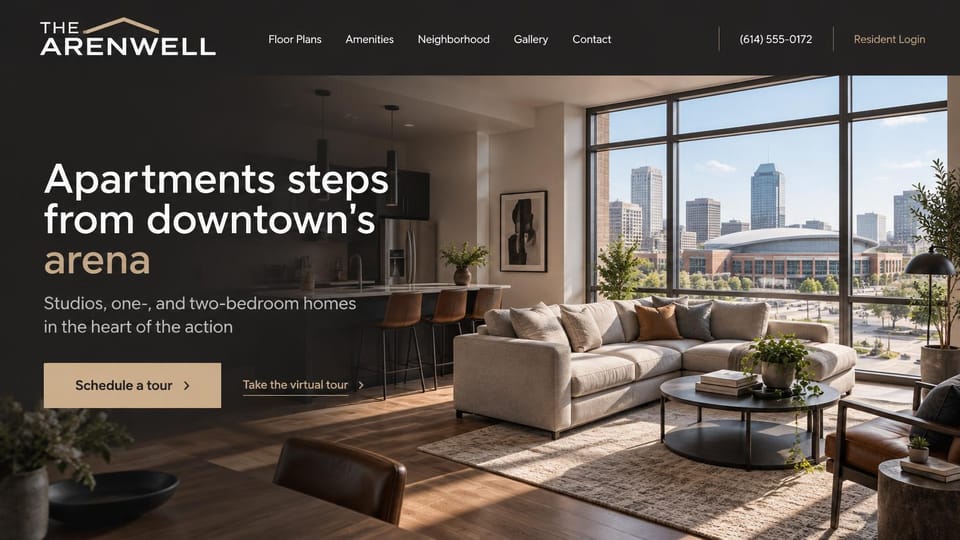 Apartment website design, apartments facing a downtown arena: charcoal header, a sunlit living room with a sectional and floor-to-ceiling windows on an arena and skyline, white sans headline with a tan last word, tan tour button