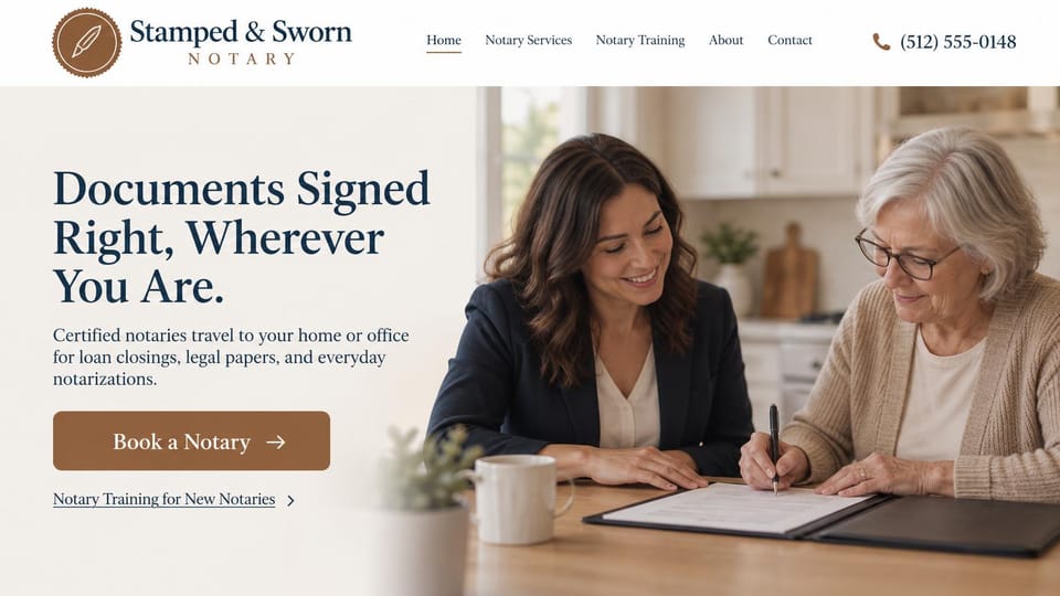 Notary website design, mobile notary that also trains new notaries: white header, a navy serif headline on cream, a brown booking button and a training link, a smiling notary beside an older woman signing at a kitchen table