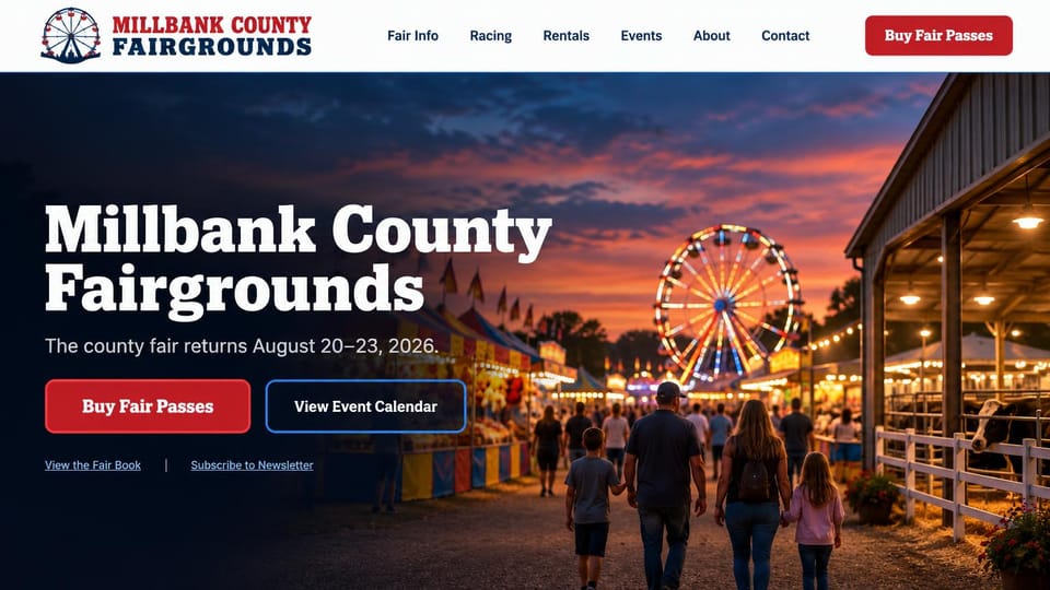 Event website design, fairgrounds at dusk with passes and a calendar: dark sunset photo of a busy midway with a ferris wheel, white slab serif headline, red passes button and outlined calendar button