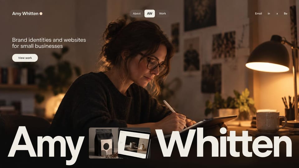 Portfolio website design, brand and web design for small businesses: a woman drawing on a tablet at a lamplit desk, white intro text, an oversized white name with two project images inset